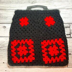 Vtg Crochet Hand Knit Handbag Black Red Granny Square Retro Hippie Festival Tote